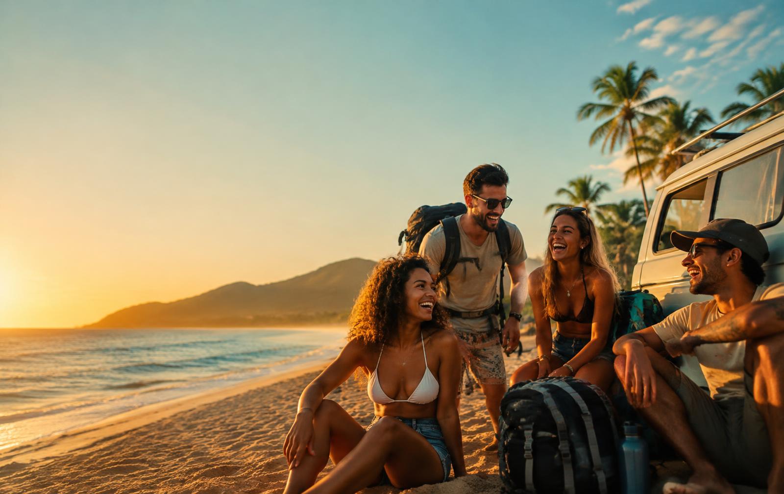 Grupo de amigos rindo na praia ao pôr do sol